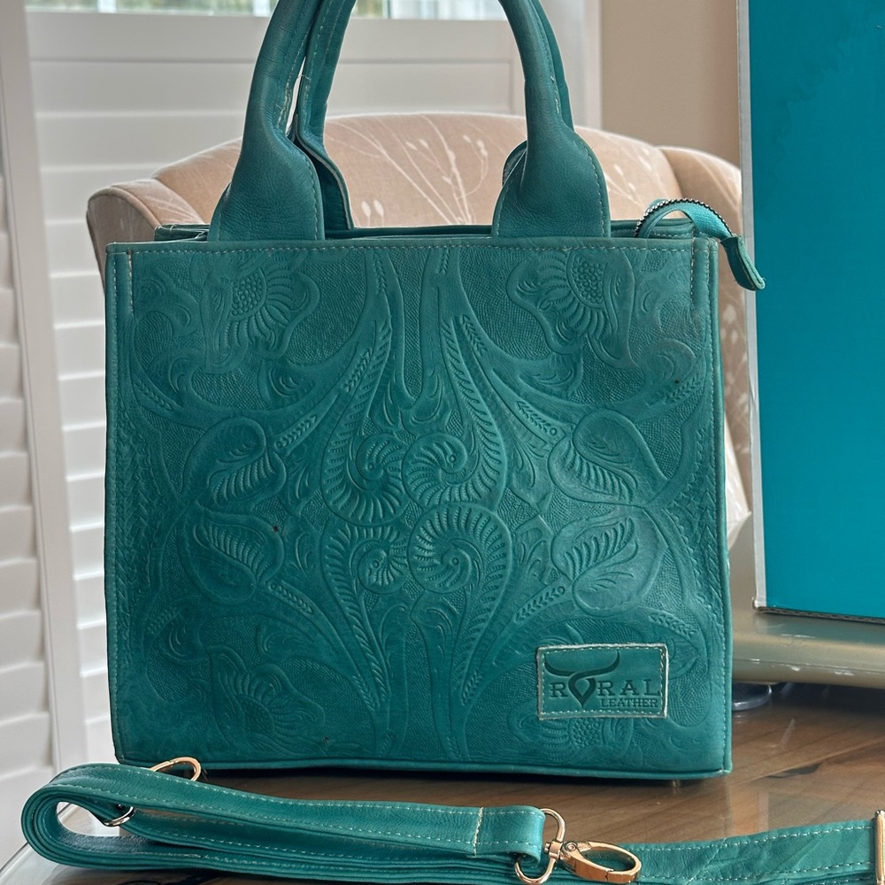 Teal Embossed Leather Handbag
